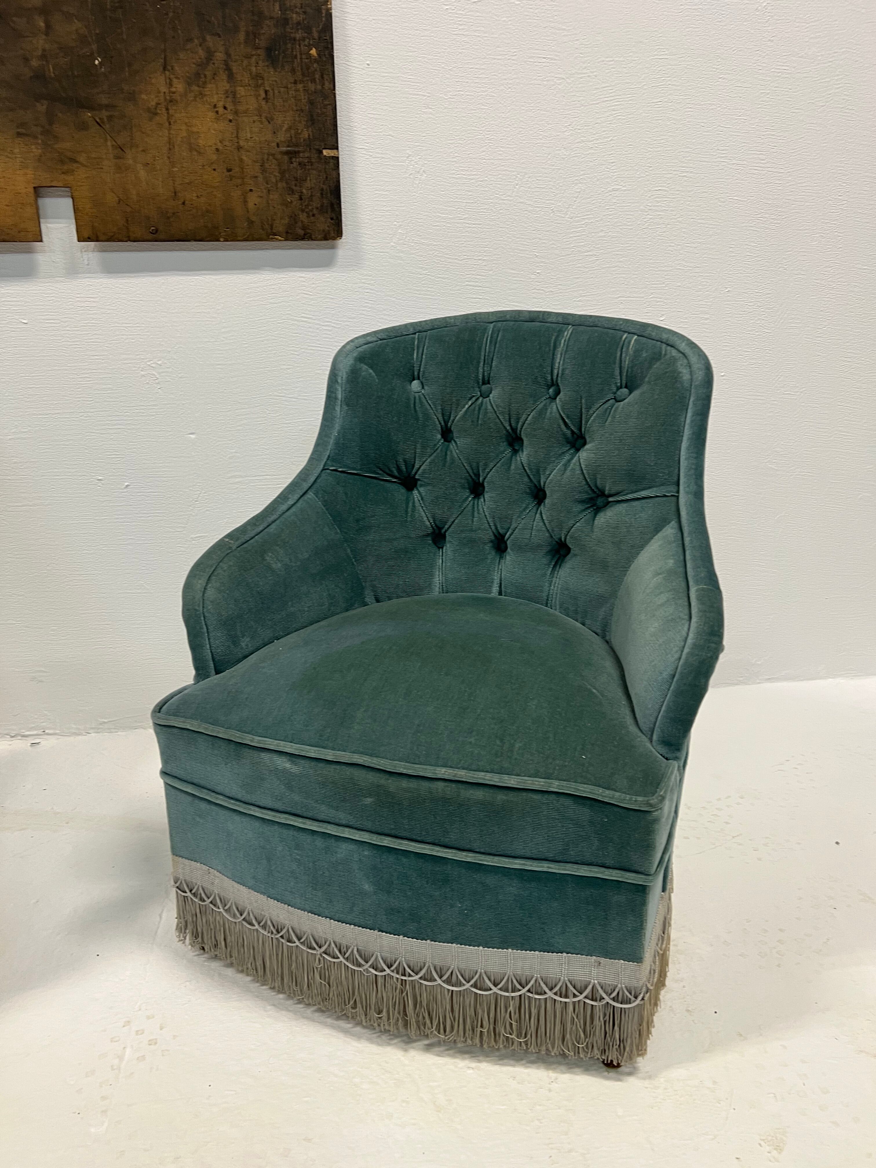 Duo of upholstered blue toad armchairs