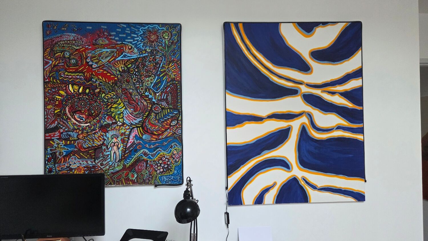 "Solar Flux" (abstract acrylic in blue and gold)