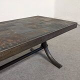 Brutalist coffee table in natural stone and wrought iron, France circa 1960.