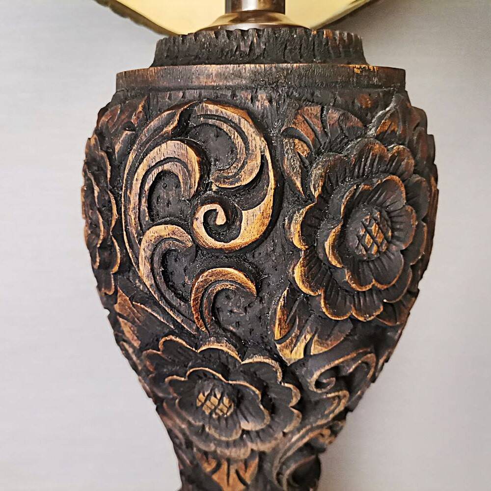 Large Carved Wood Half Shade Table Lamp
