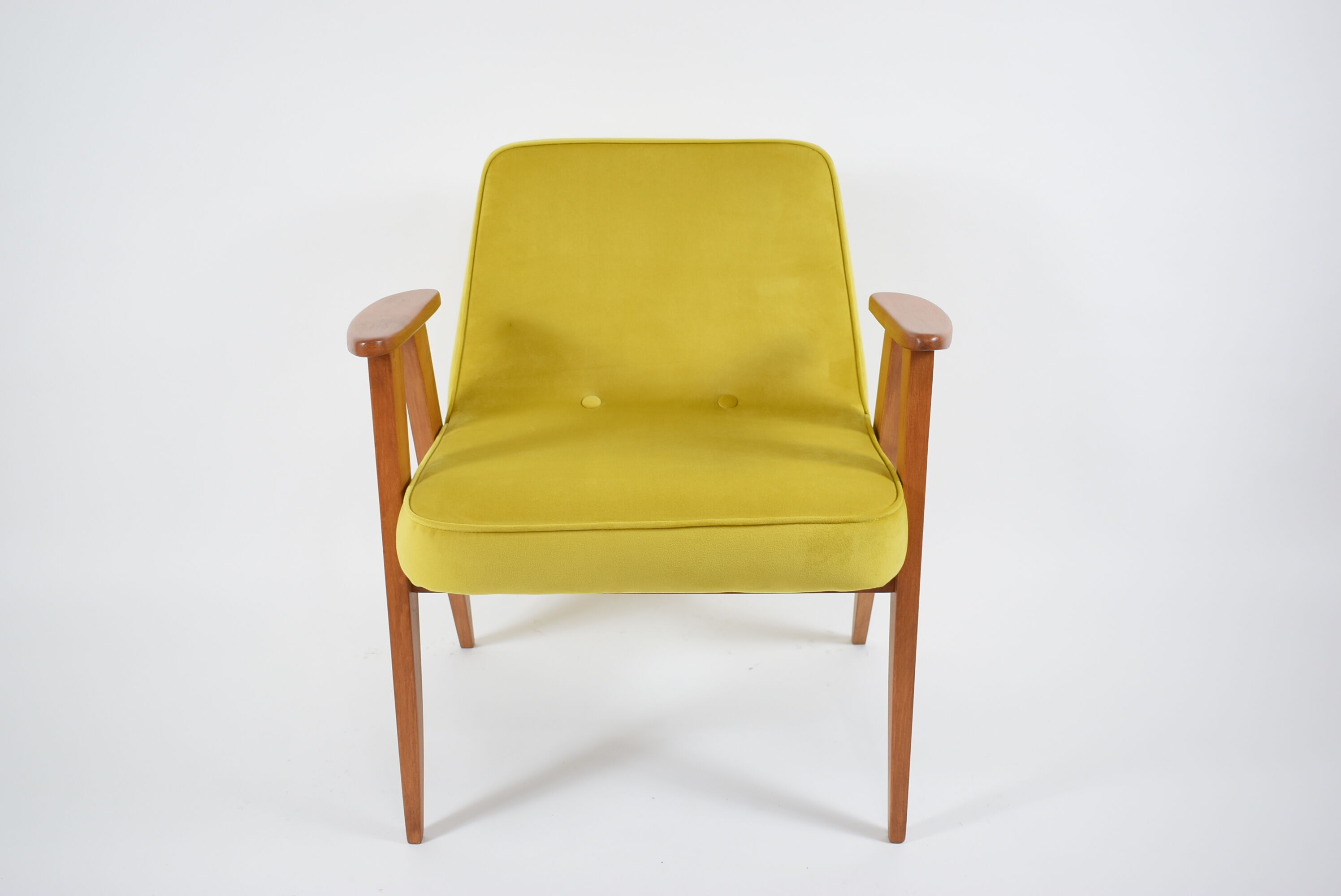 Resatored 366 armchair, designer J. Chierowski, 60s icon, yellow velvet