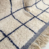 Moroccan Berber carpet Beni Ouarain ecru with largeelle blue checkered 302x190cm