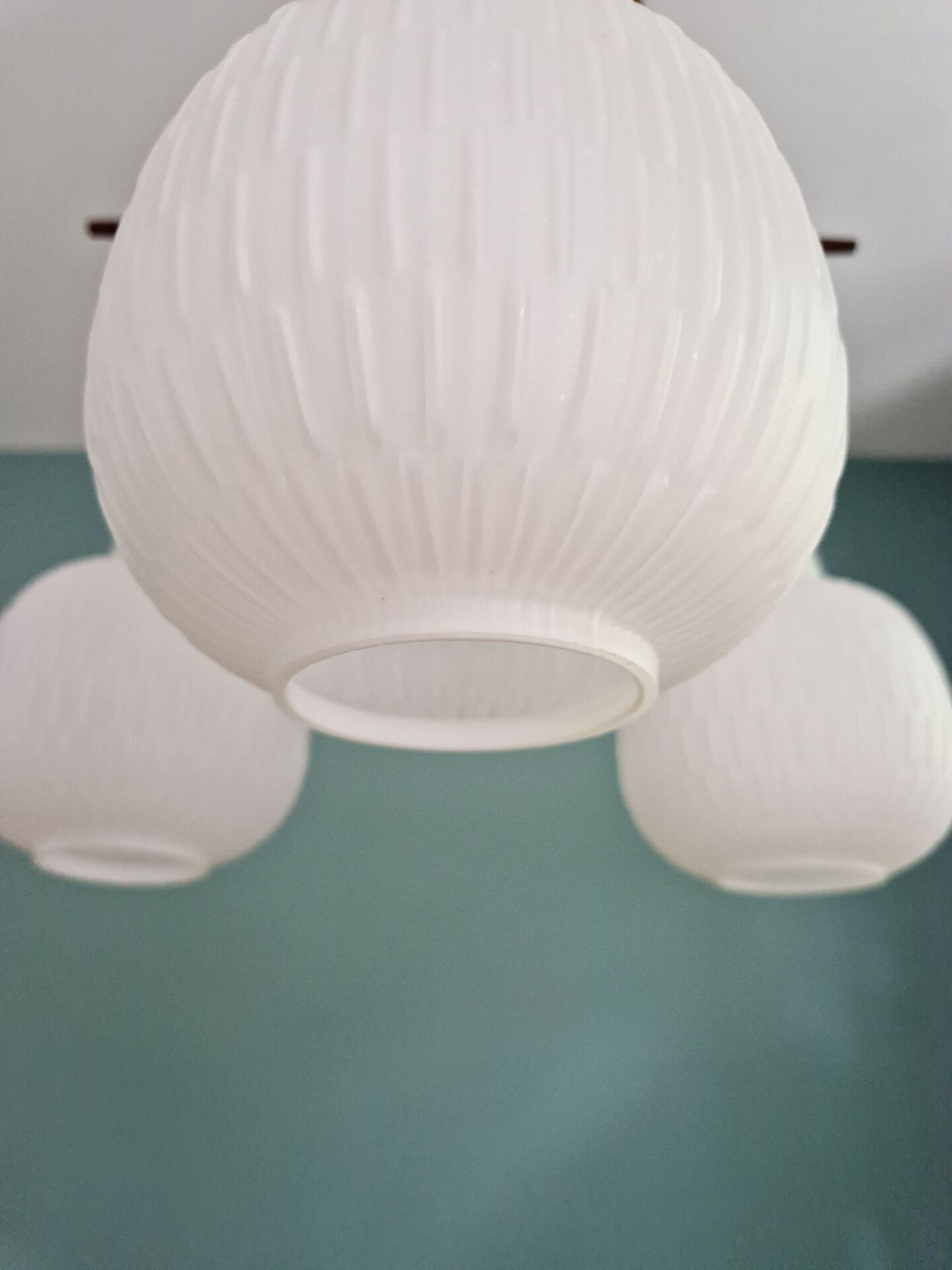 Scandinavian chandelier in teak and white opaline, 1960s