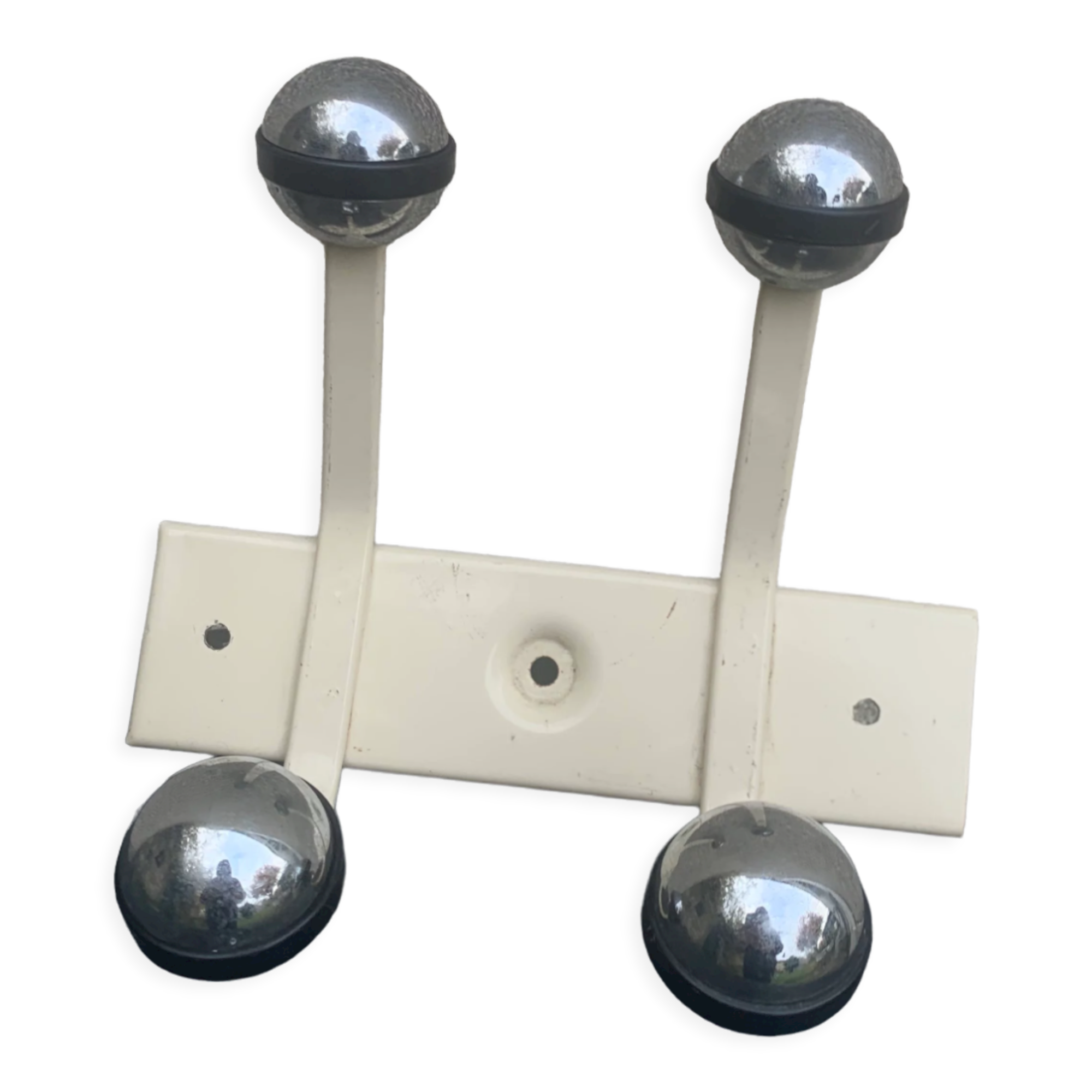 Industrial wall coat rack two hooks in white lacquered metal and vintage silver 1970