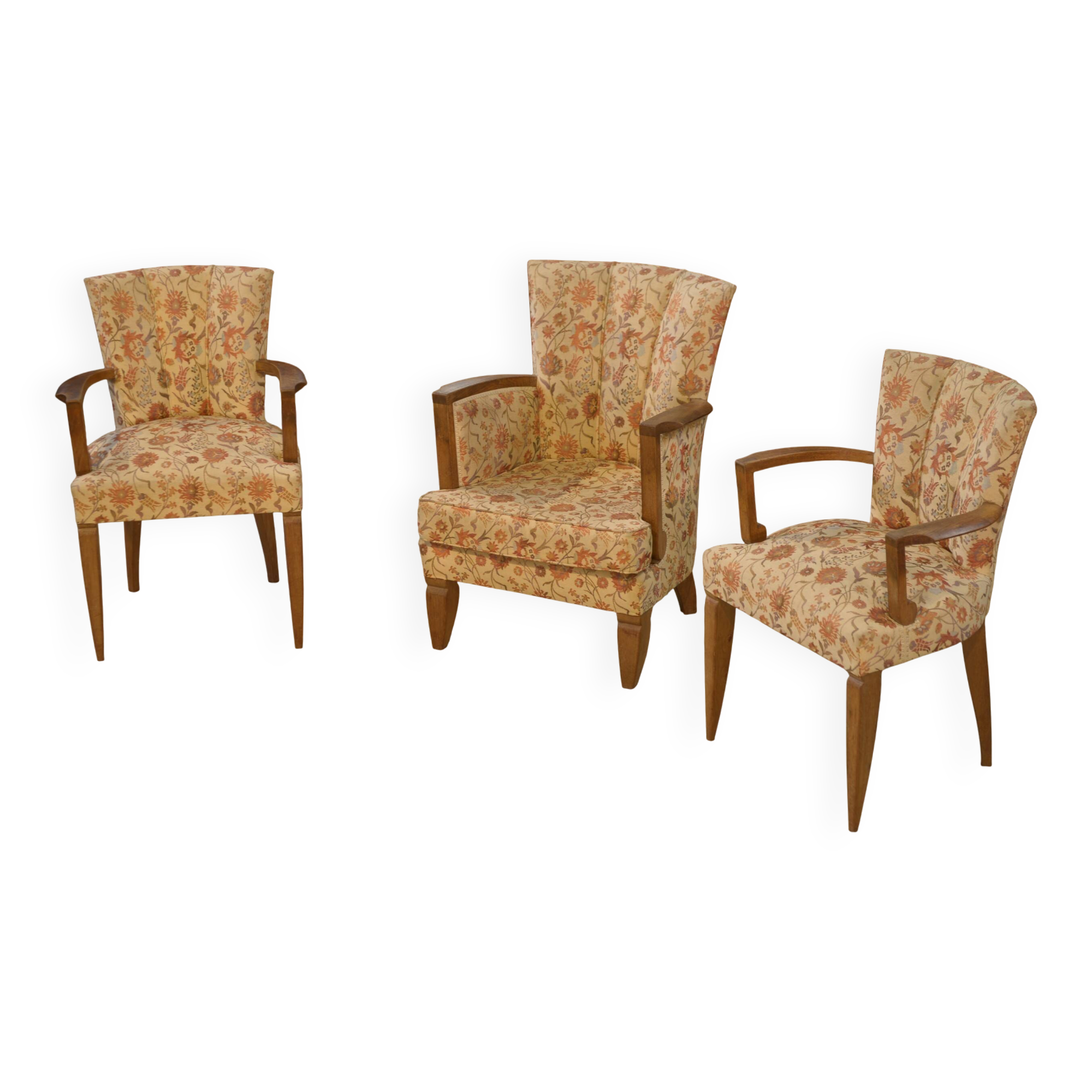 Set of 2 Bridge armchairs and one armchair attributed to Jules Leleu from the 1930s.