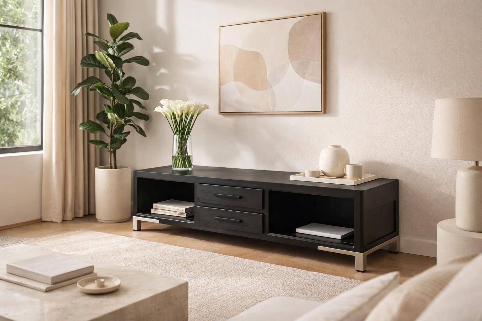 Wood and metal TV unit, solid oak, TV sideboard.