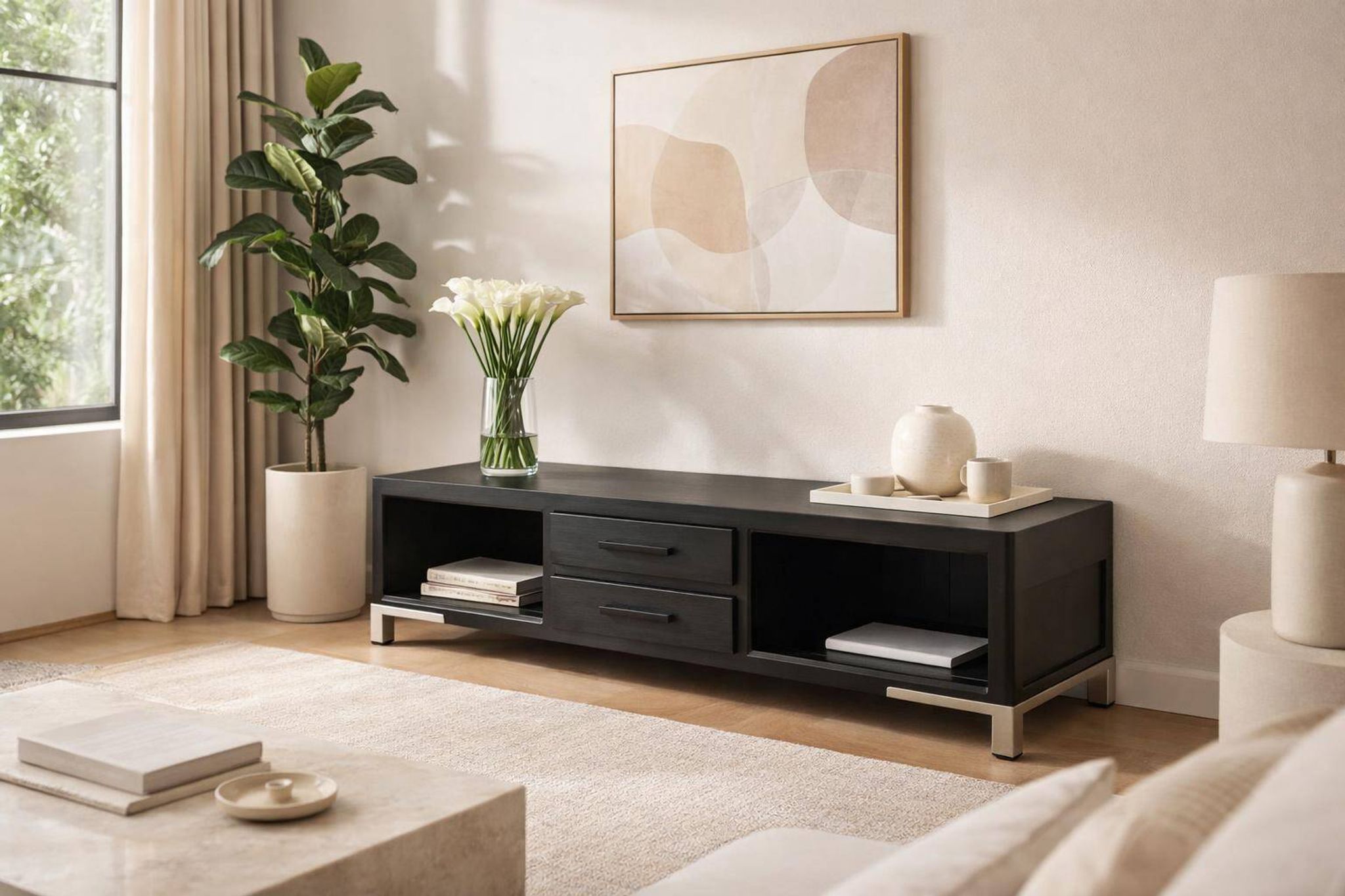 Wood and metal TV unit, solid oak, TV sideboard.