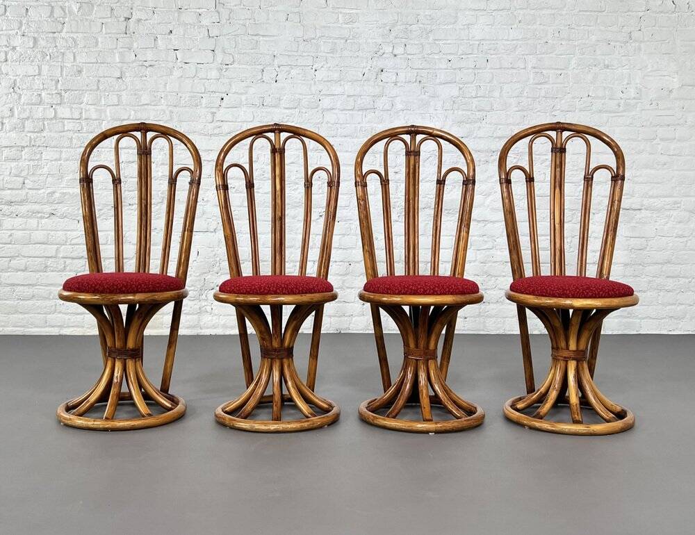 Rattan and fabric chairs, 60s-70s, set of 4