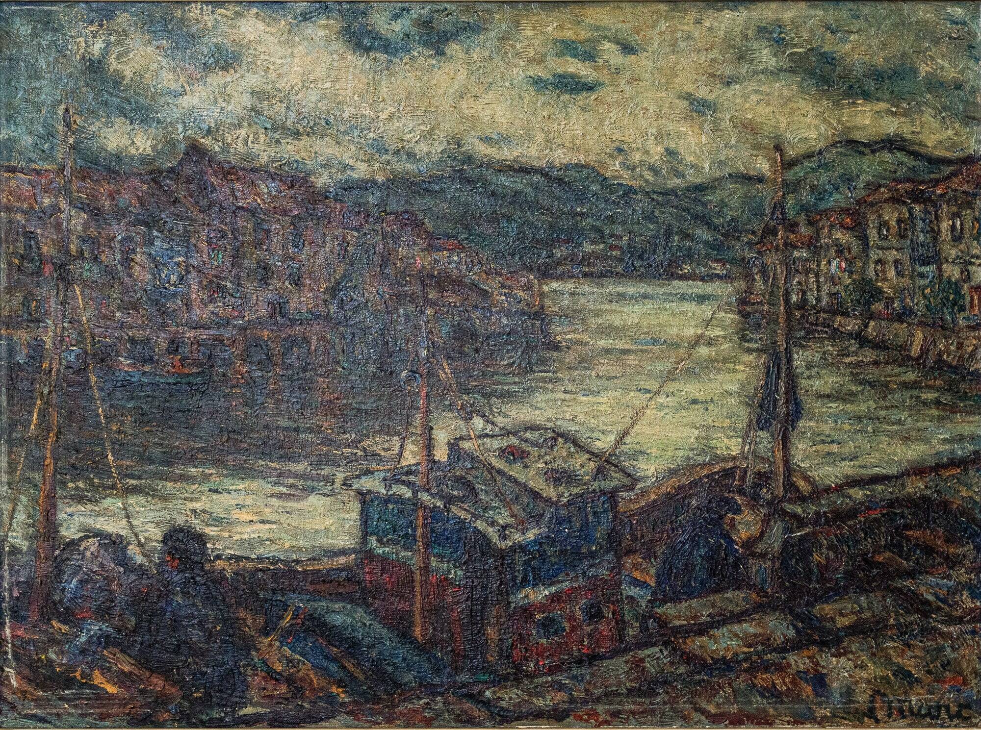 Atmospheric Signed Impressionist Oil - Barges in a Port