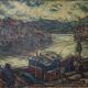 Atmospheric Signed Impressionist Oil - Barges in a Port