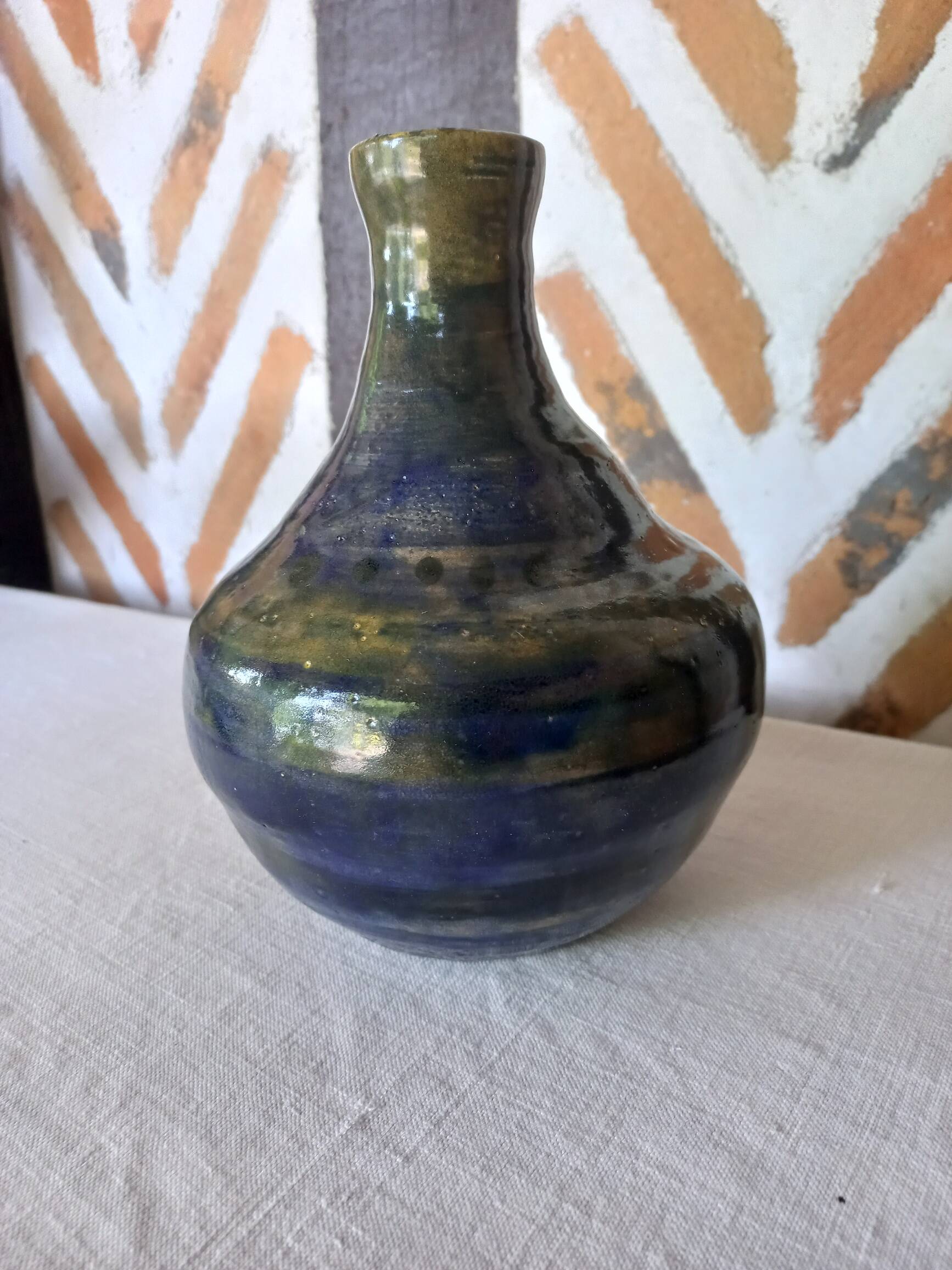 Glazed ceramic vase with blue reflections 1970
