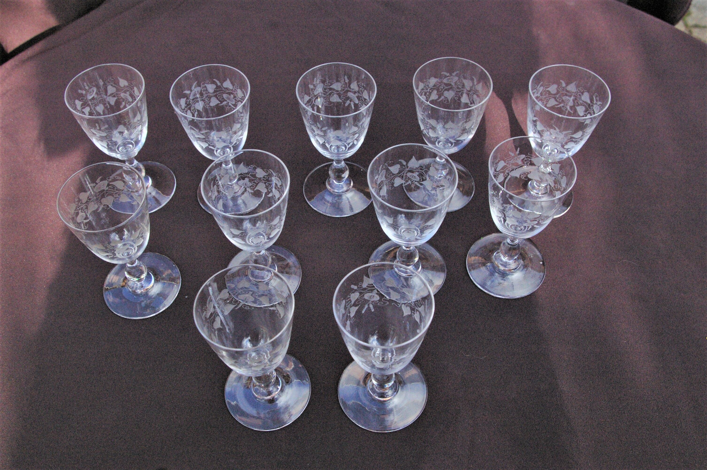 Set 11 Port Glasses White Wine Art Nouveau Crystal engraved Liseron