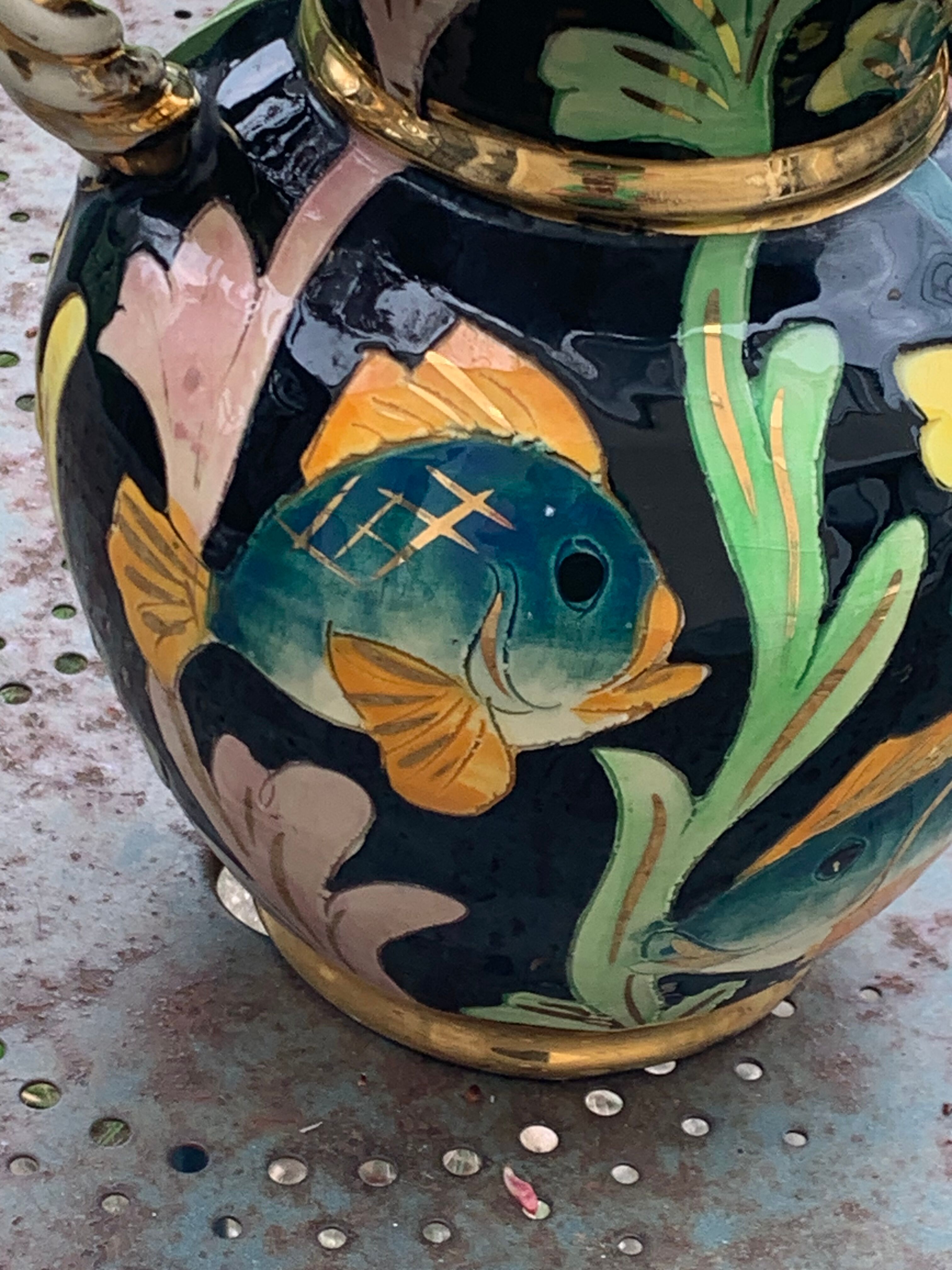 Amphora vase in glazed ceramic vintage vallauris fish motifs