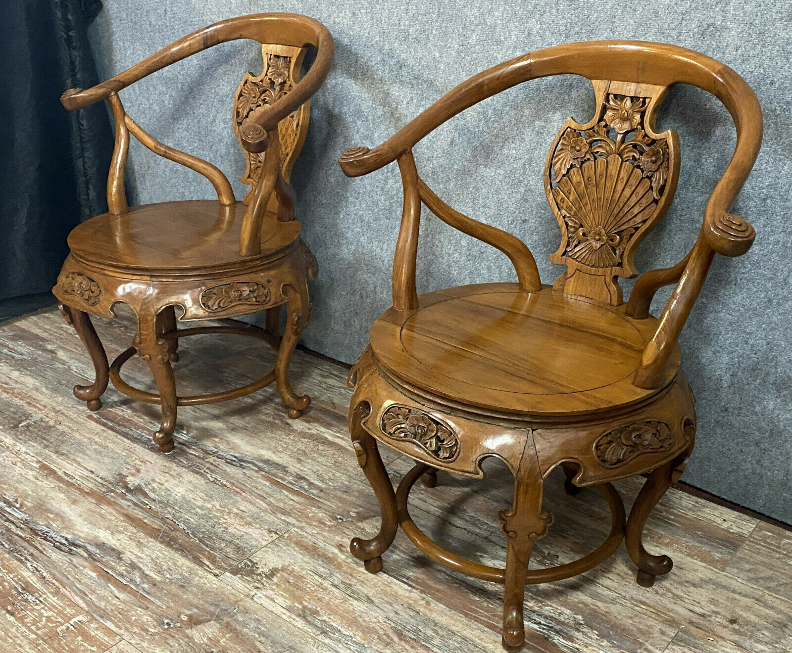 Pair of chinese chairs in exotic wooden barrel shape around 1900-1920