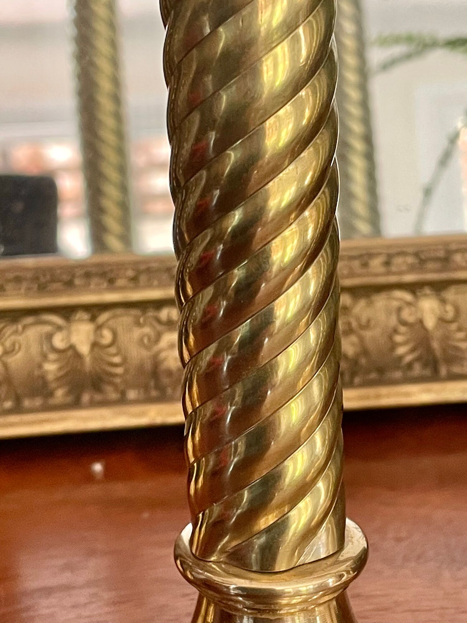 Pair of twisted brass column candle holders