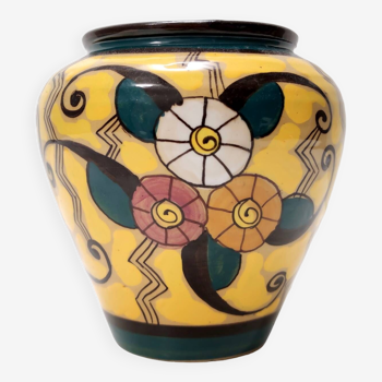Vase futuriste en faïence émaillée jaune à motifs floraux, Italie