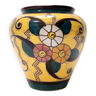 Vase futuriste en faïence émaillée jaune à motifs floraux, Italie