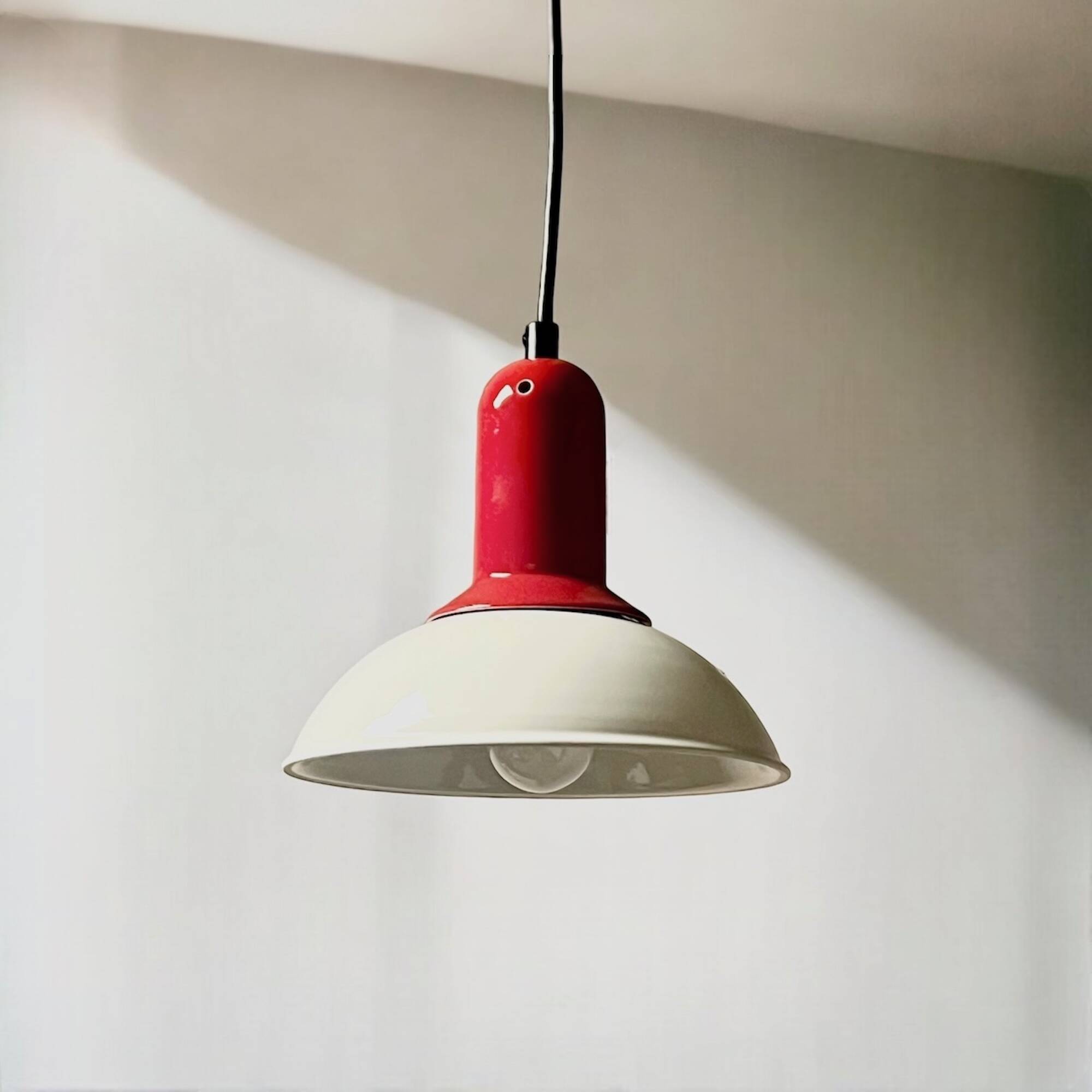 1980s Vintage Hanging Lamp by Imago Italy - Red and White Ceramic- New Old Stock.