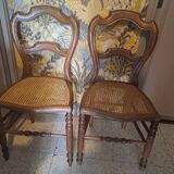 Pair of Bistrot blond wood chairs 1950 with canning seat