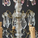 Chic lustre à pampilles bronze doré 6 feux enfilage verre ancien