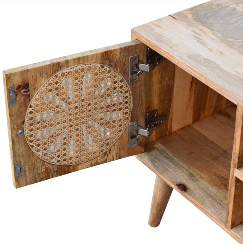 Rosalie Rattan and Solid Mango Wood Media Unit, Modern Console with Cut-Out Petal Design, Brass Knob