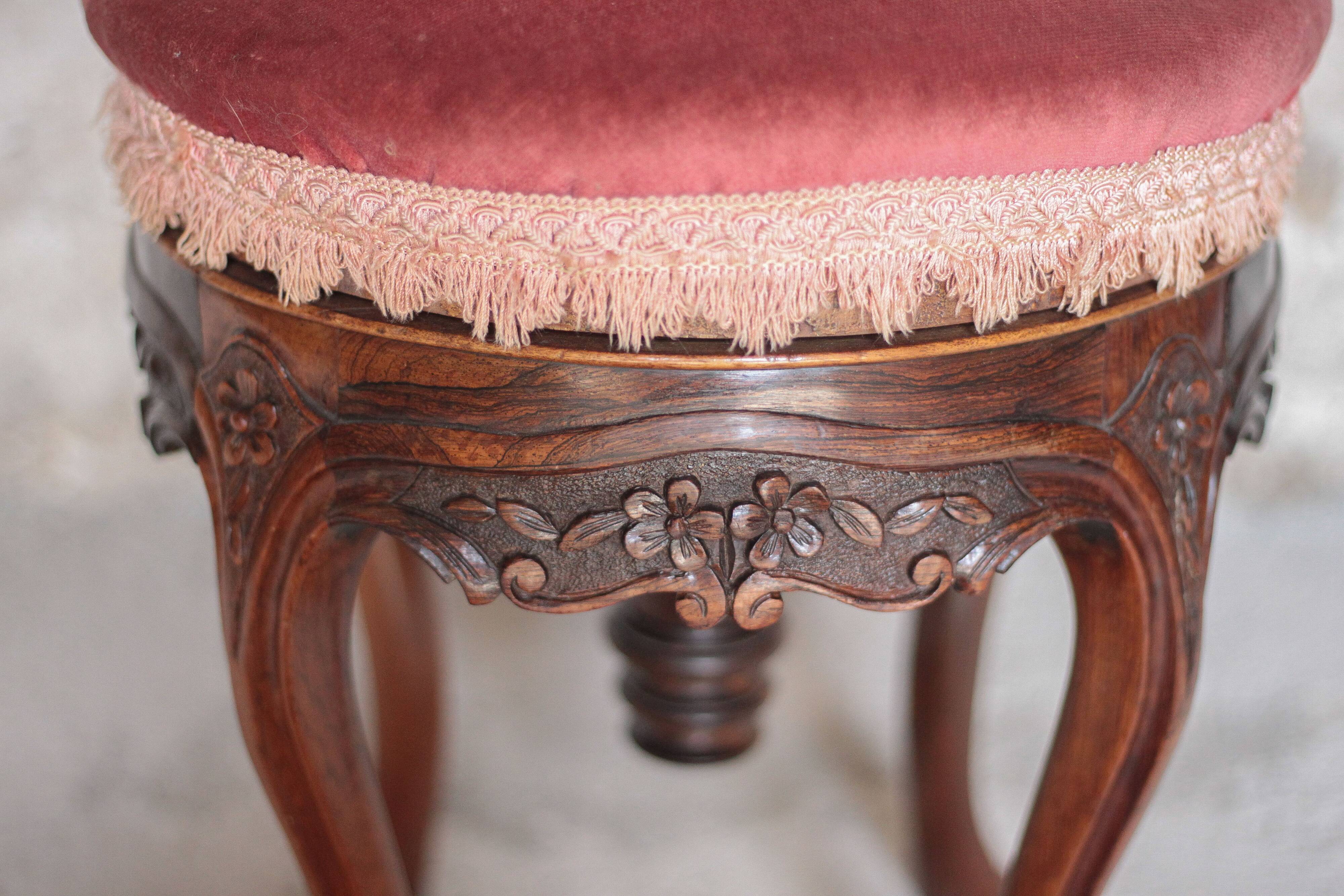 Victorian style stool, wooden and pink velvet stool, piano stool
