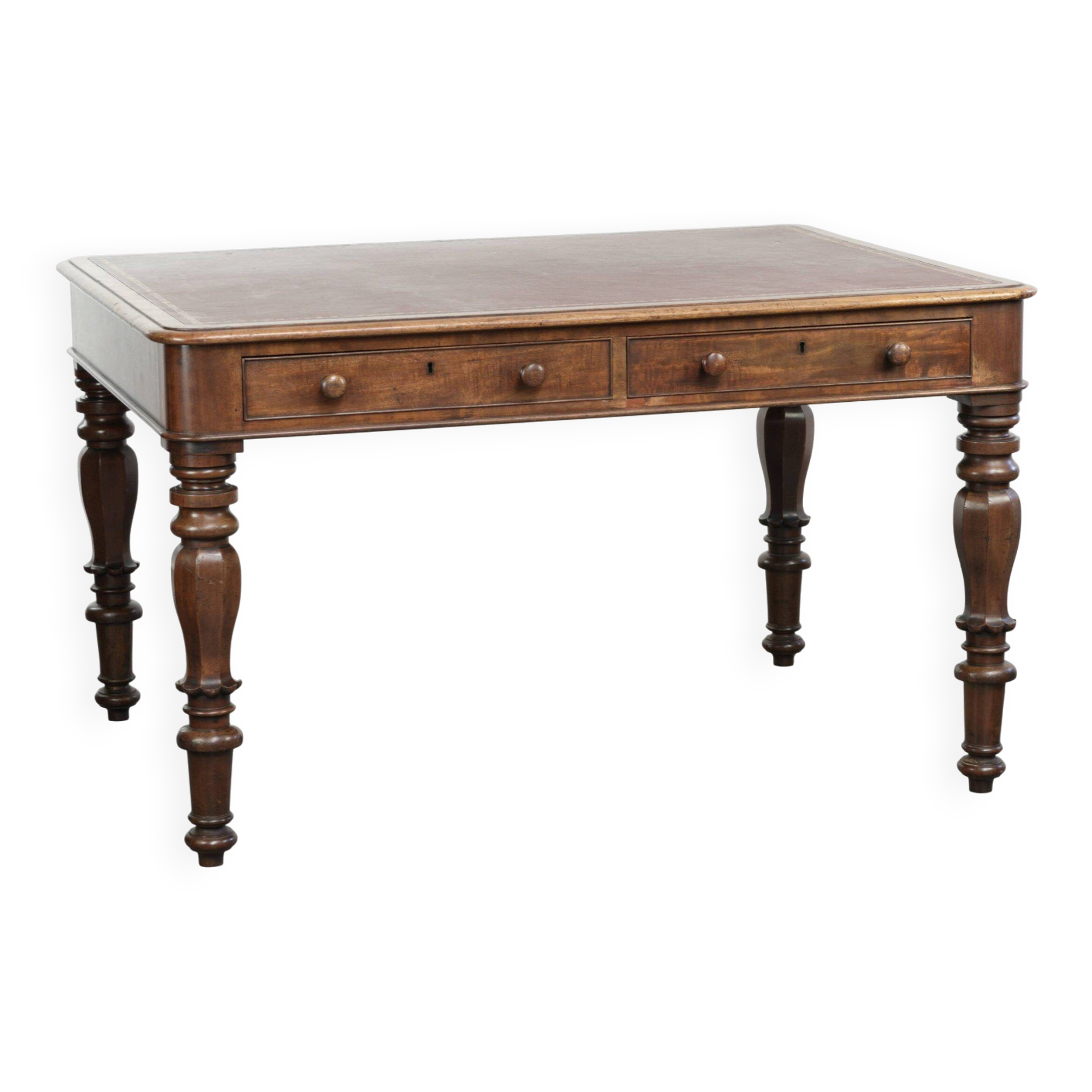 Antique English writing desk from the 19th century with a red leather top