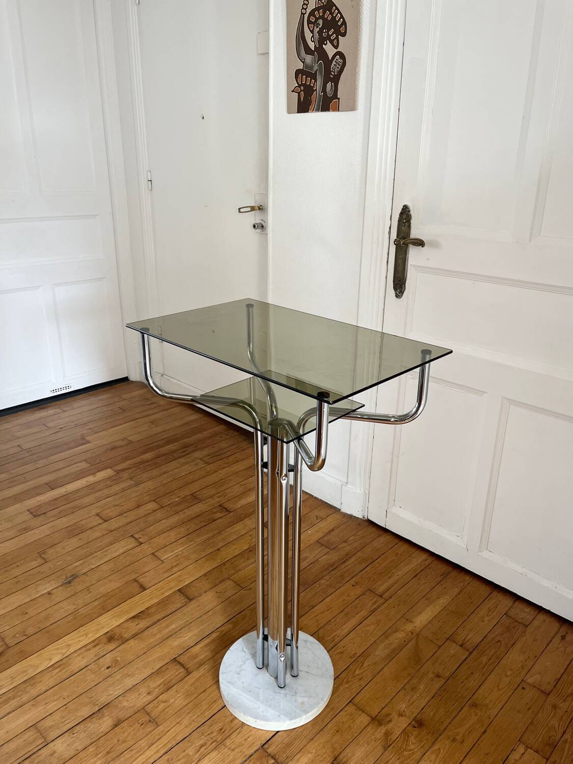 Console, guéridon en métal, marbre et verre fumé, 1980