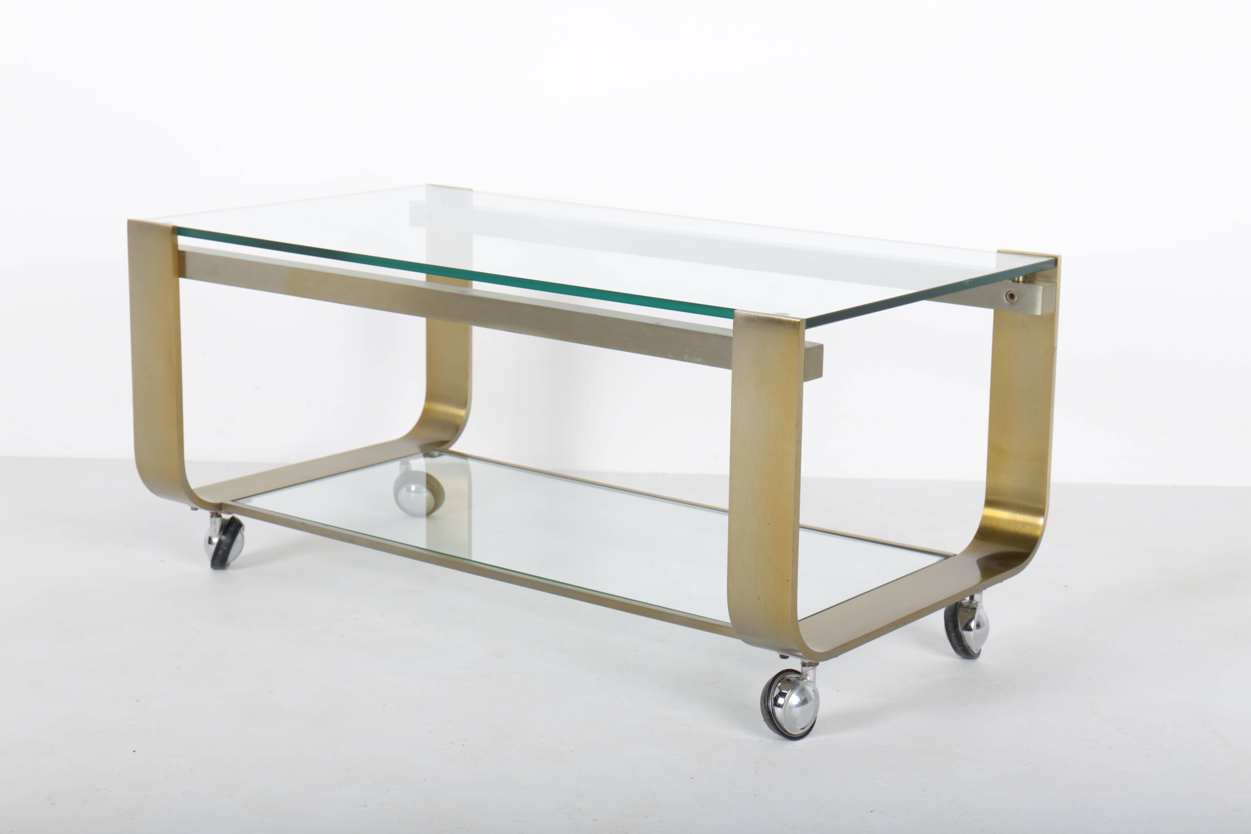 Vintage coffee table in gold metal and double glass top, 70s