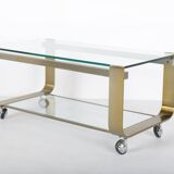 Vintage coffee table in gold metal and double glass top, 70s