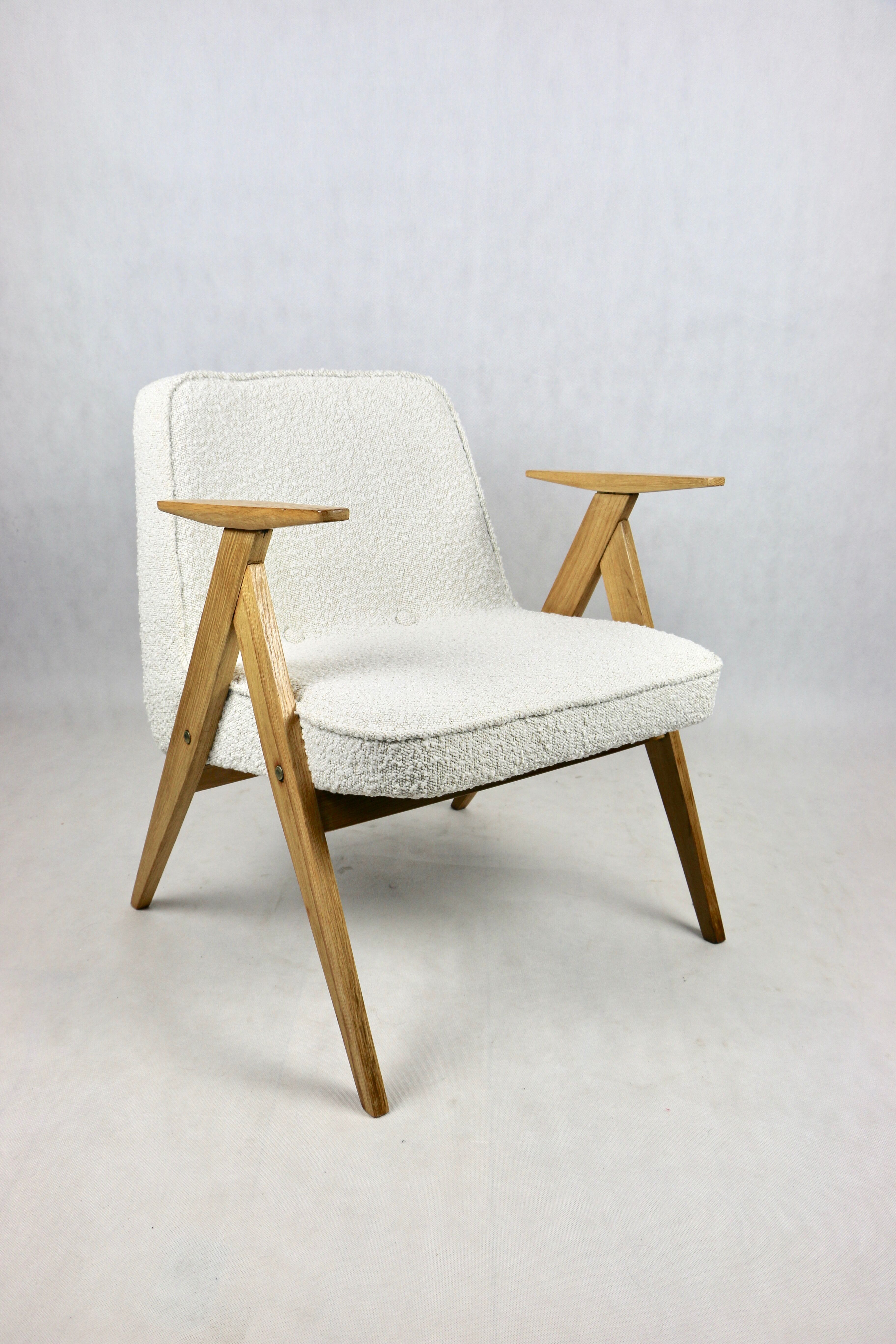 Pearl Boucle & Oak Armchair by Józef Chierowski, 1970s