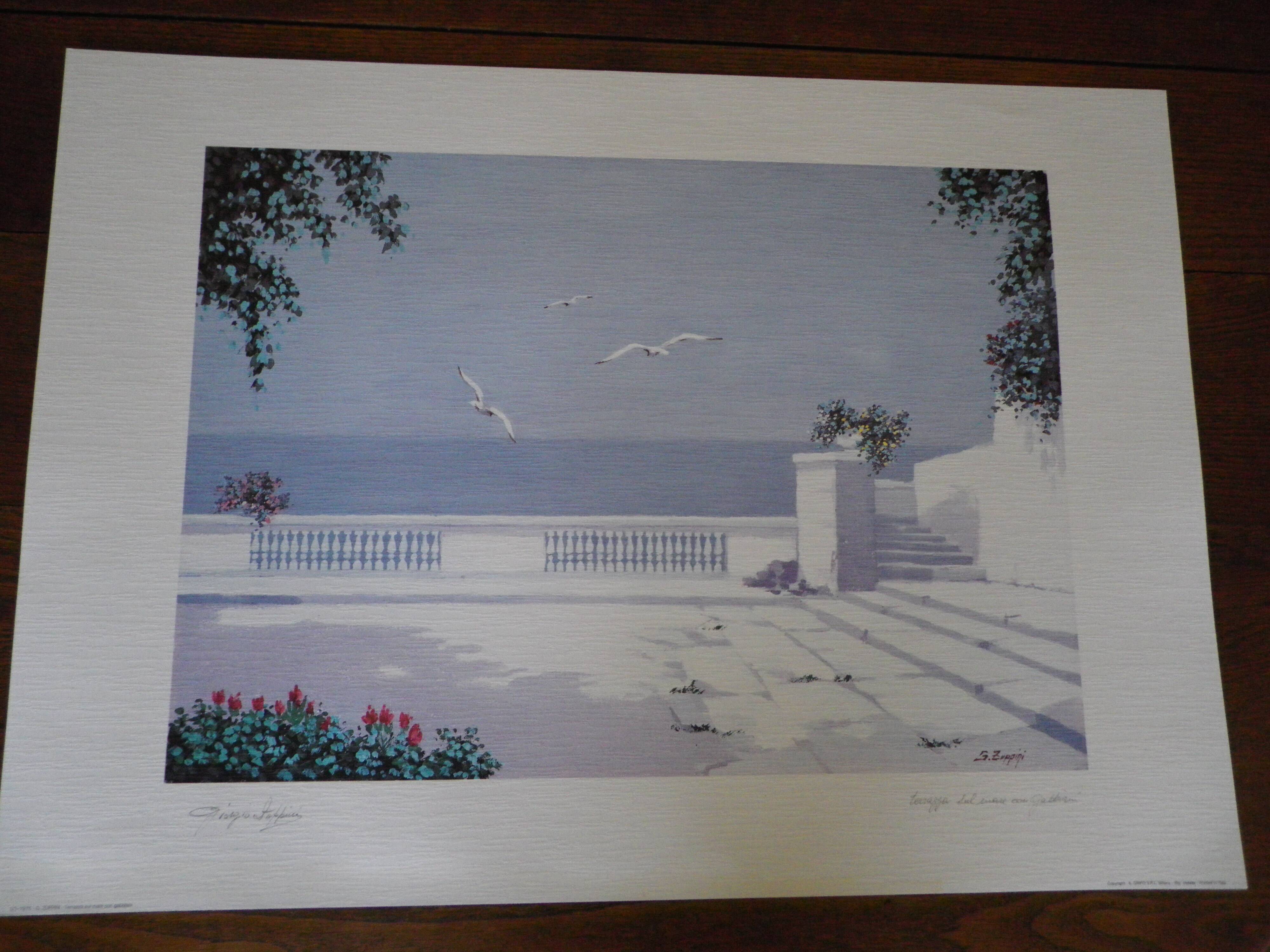 Giorgio Zuppini, Terrace by the Sea with Seagulls, Lithograph, 1970