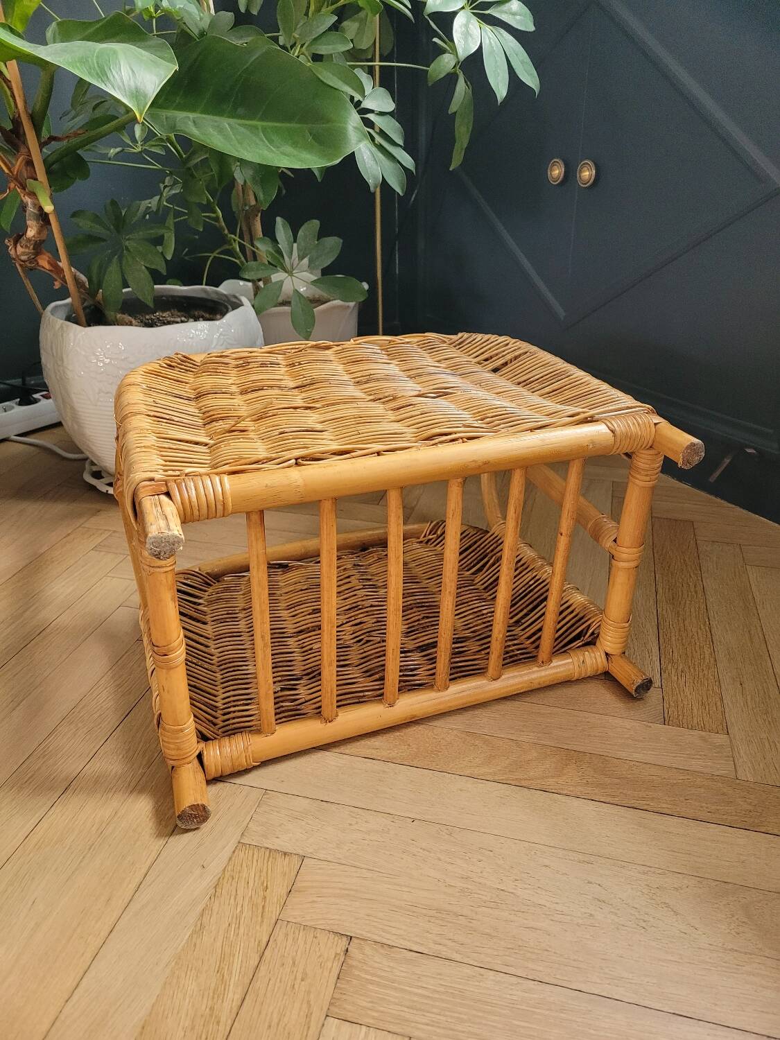 Vintage bamboo and rattan magazine rack