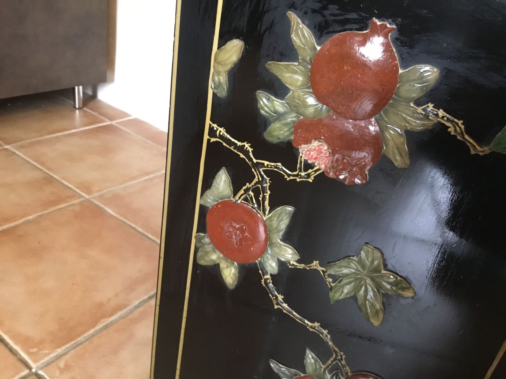 Asian laque furniture embossed motifs mother-of-pearl, stone and other