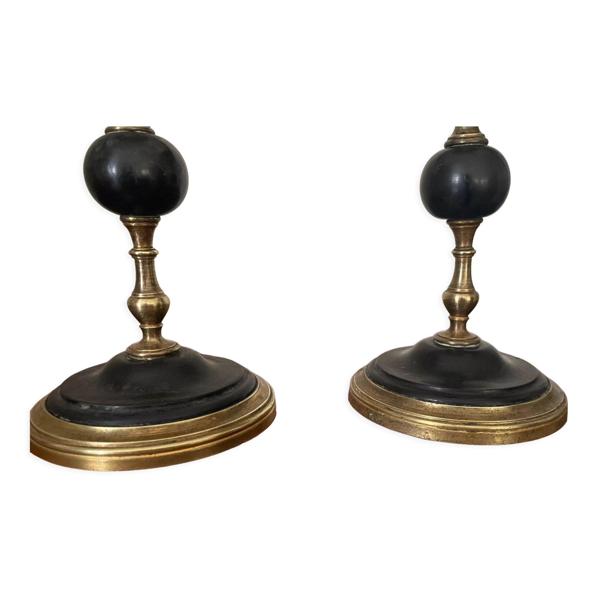Ancienne paire de bougeoirs marbre noir et laiton XIXème