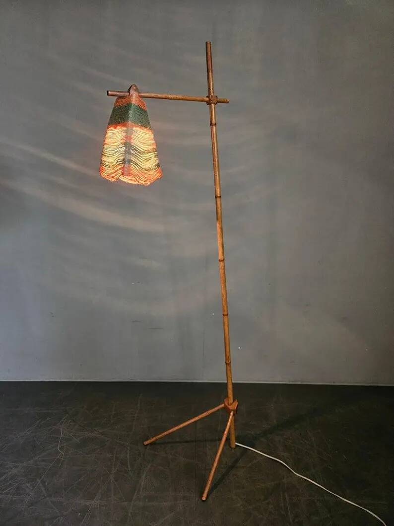 Rare Midcentury Floor Bambnoo and String Lamp, 1960s