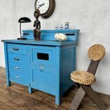 Wooden commercial workshop furniture with 4 drawers and 2 hinged doors - original patina