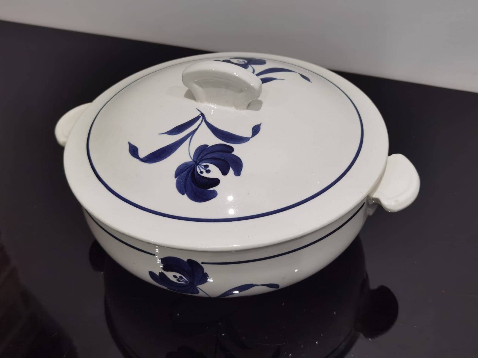 Old earthenware tureen with blue flower, Moulin des loups and hamage France, model