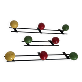 Trio de portemanteaux vintage 1960 tricolores 3 patères boules - 45 x 6 / 2