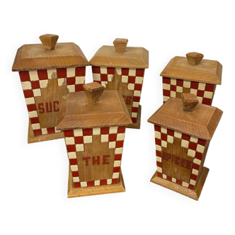 Series of 5 wooden spice pots