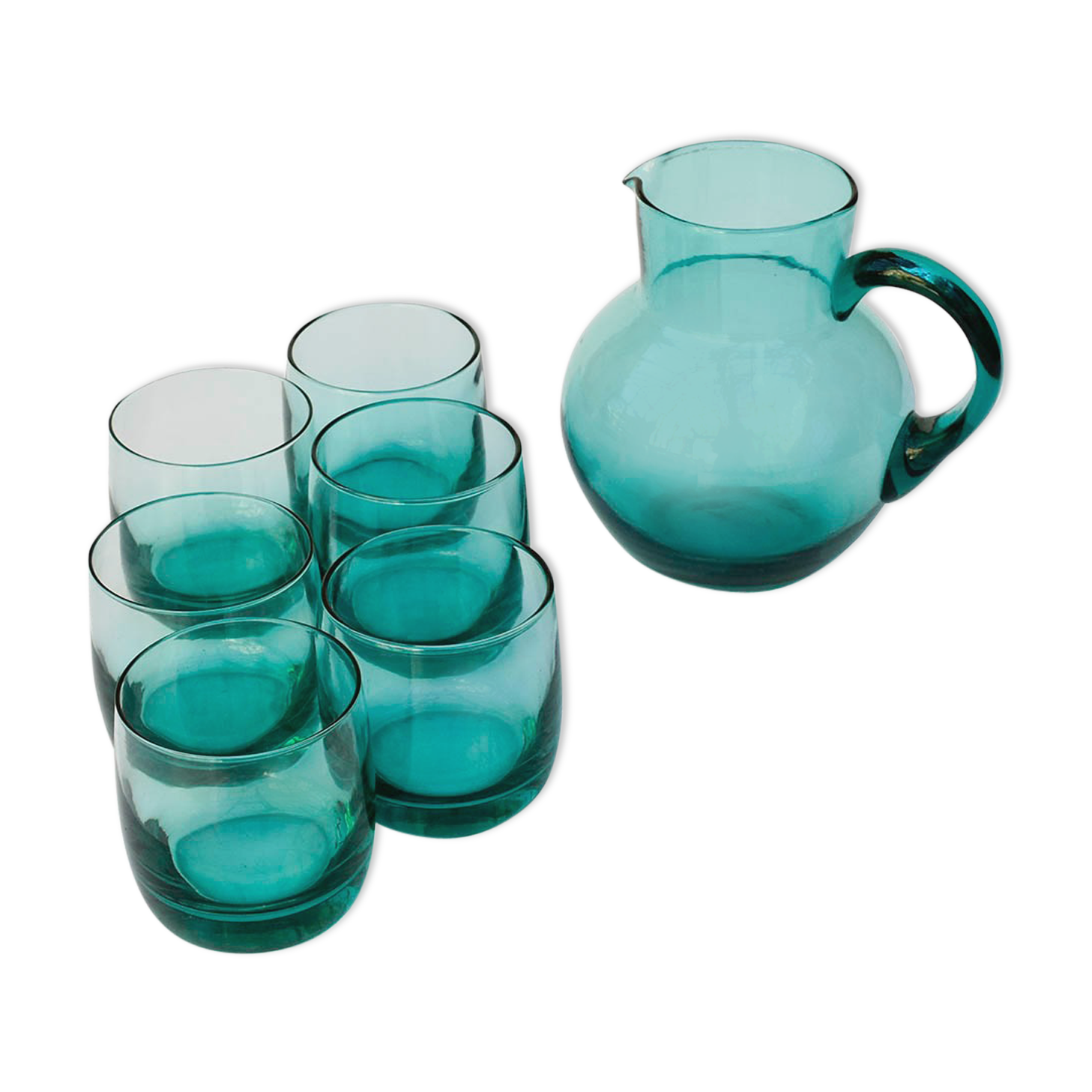 Carafe set with 6 vintage turquoise glasses