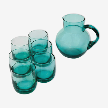 Ensemble carafe avec 6 verres turquoise vintage