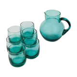 Carafe set with 6 vintage turquoise glasses