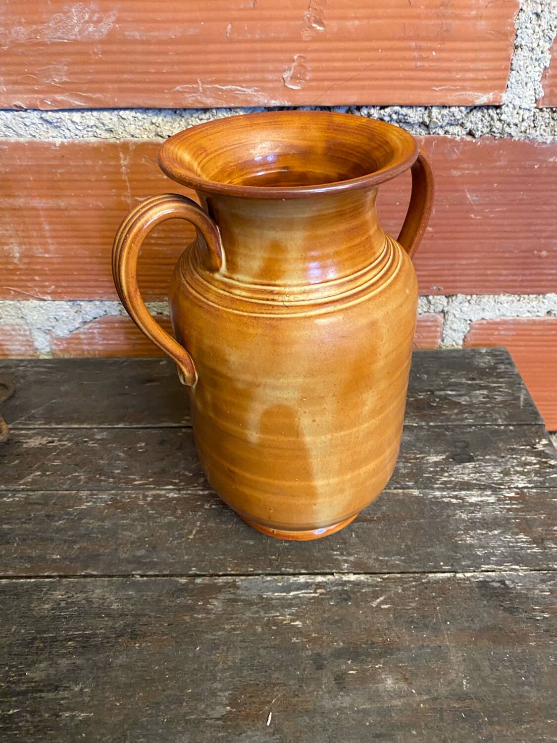 Vintage Beige Ceramic Handled Vase from the 1970s