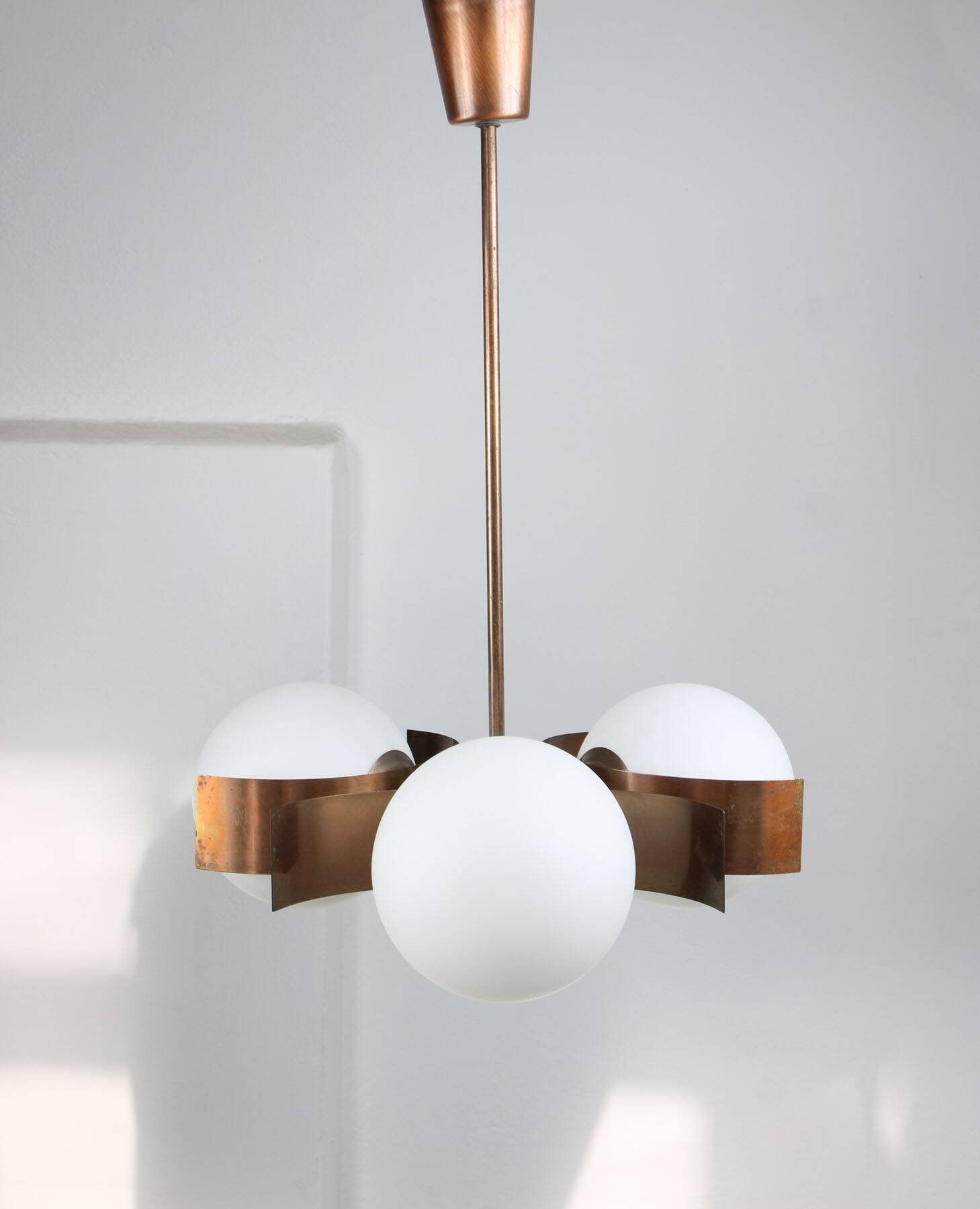 Vintage Italian Copper & Opaline Glass Chandelier