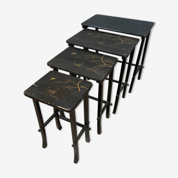 Series of 4 japanese trundle tables in lacquered wood around 1900