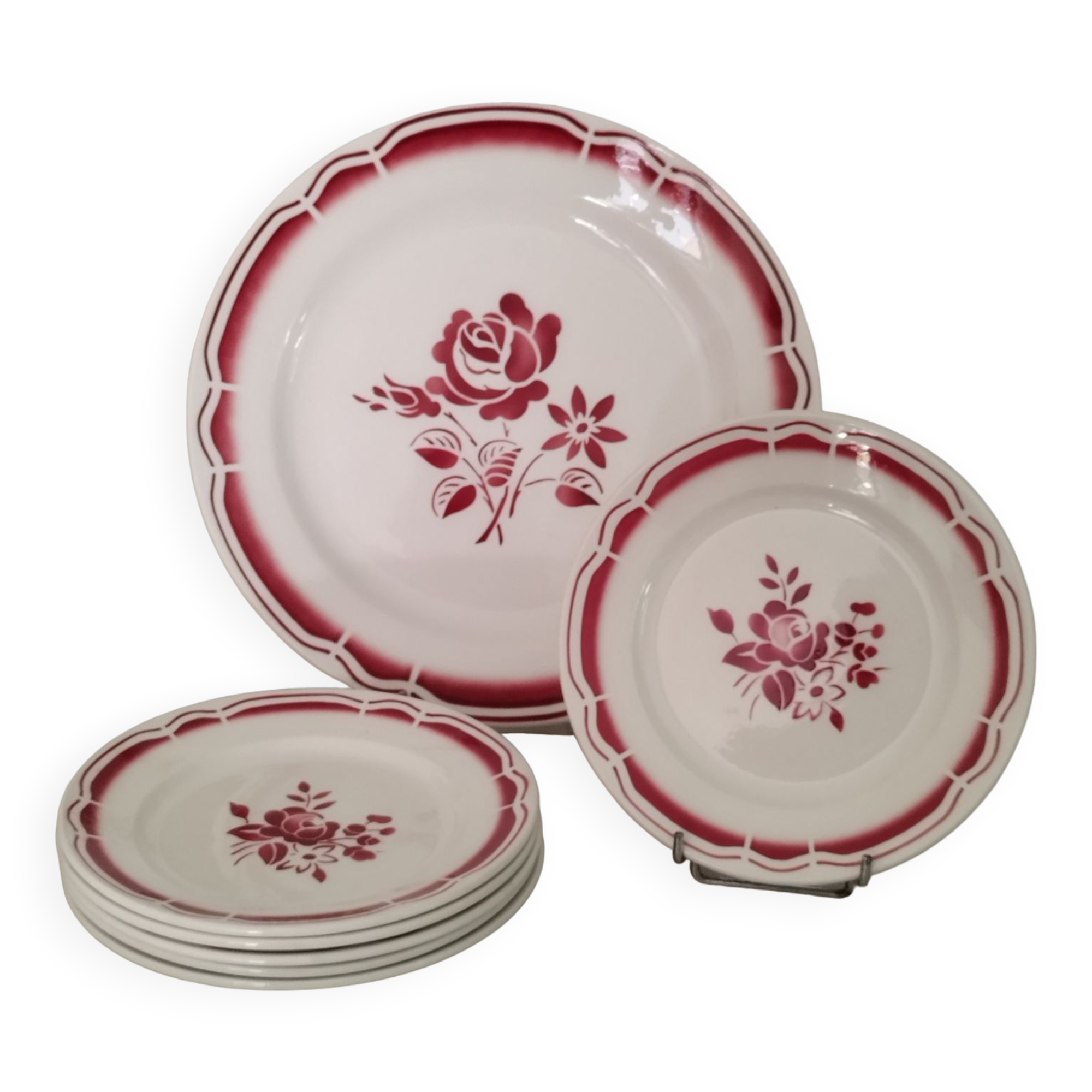 Service cake pie flat plates porcelain opaque badonviller rose bordeaux vintage