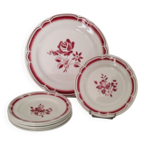 Service cake pie flat plates porcelain opaque badonviller rose bordeaux vintage