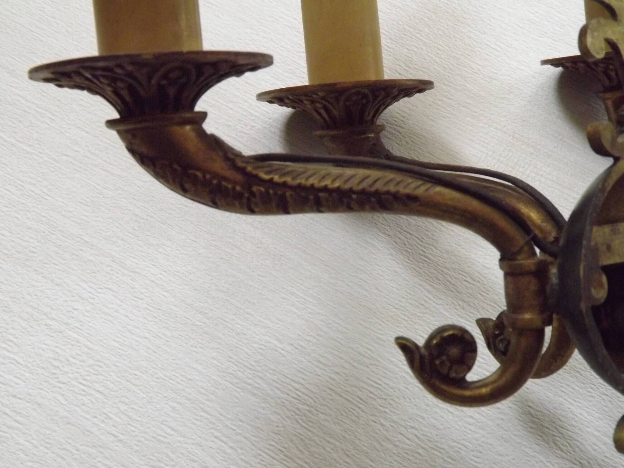 Set of 3 Bronze French Empire Style Triple Light Wall Sconces Neoclassical