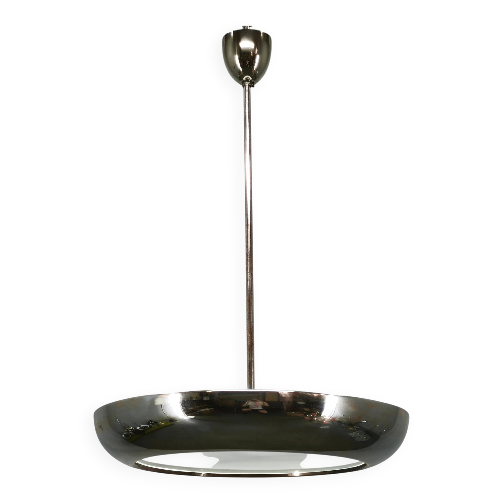 1930s Bauhaus UFO Chrome and Glass Pendant Light, Czechoslovakia